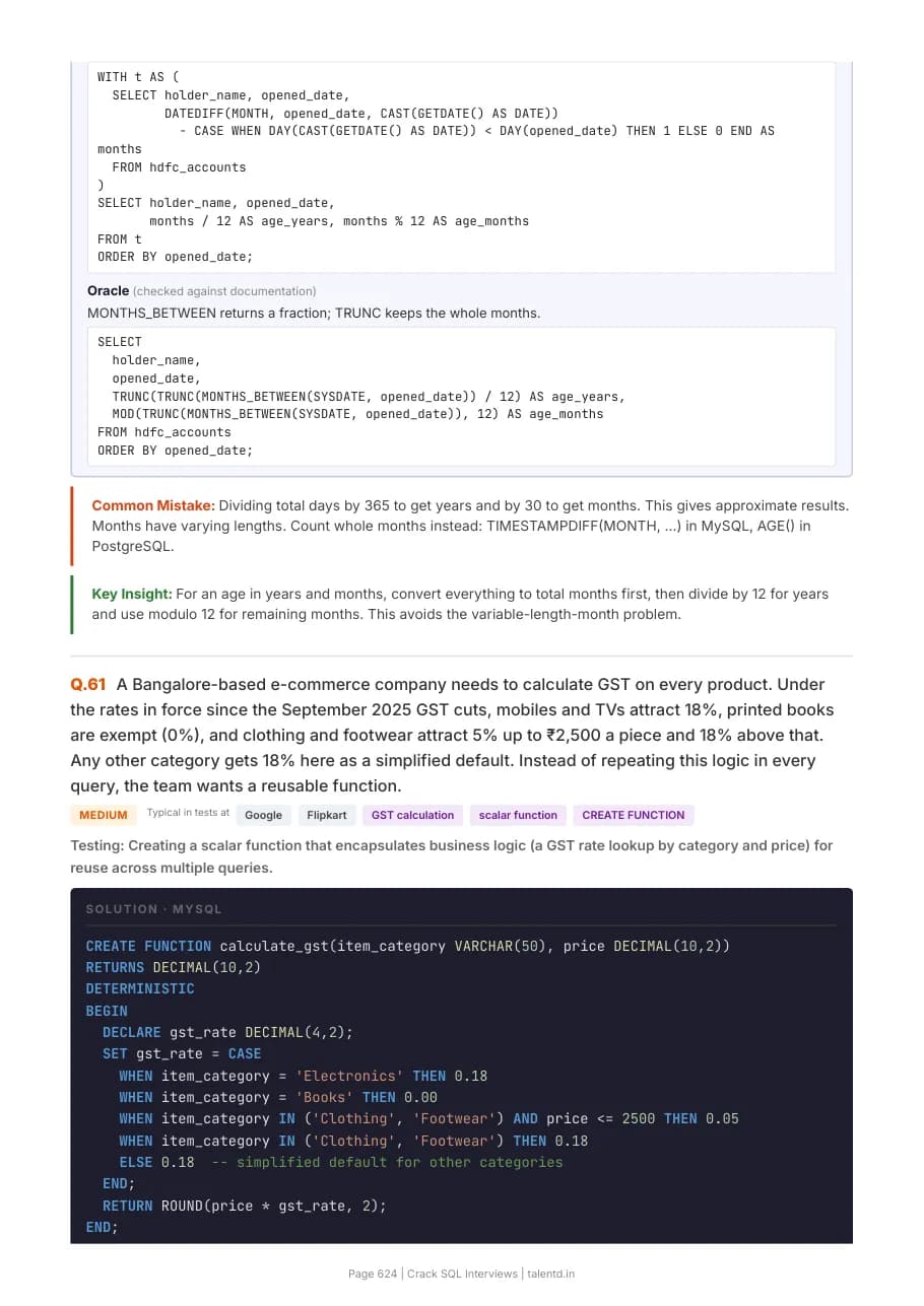A page with a dialect note showing the same function for PostgreSQL and SQL Server