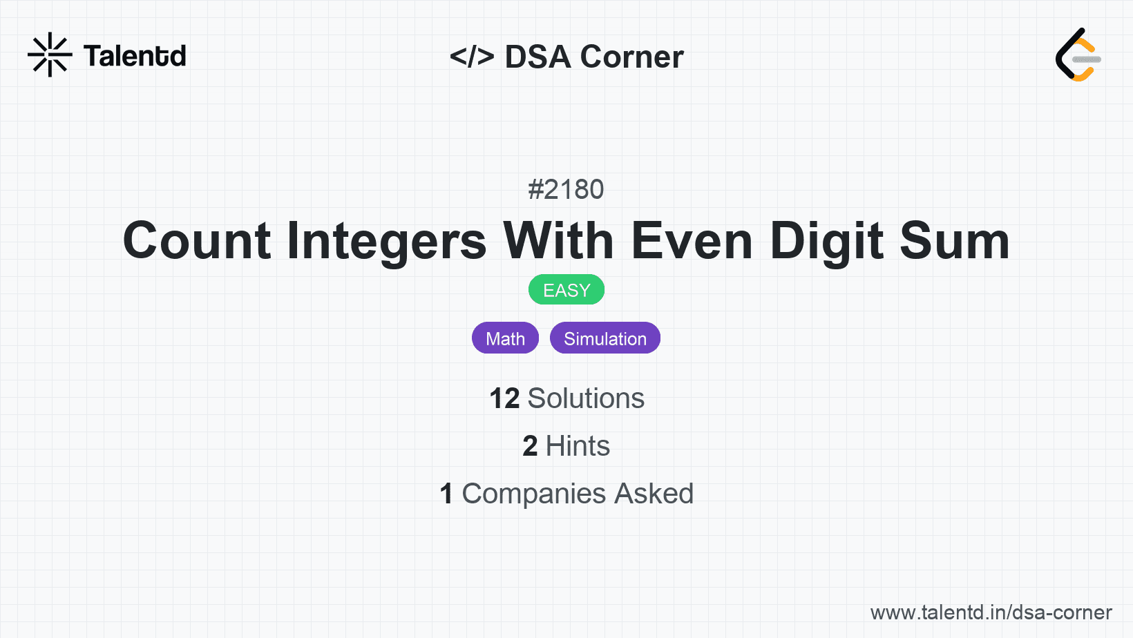 Problem visualization for Count Integers With Even Digit Sum