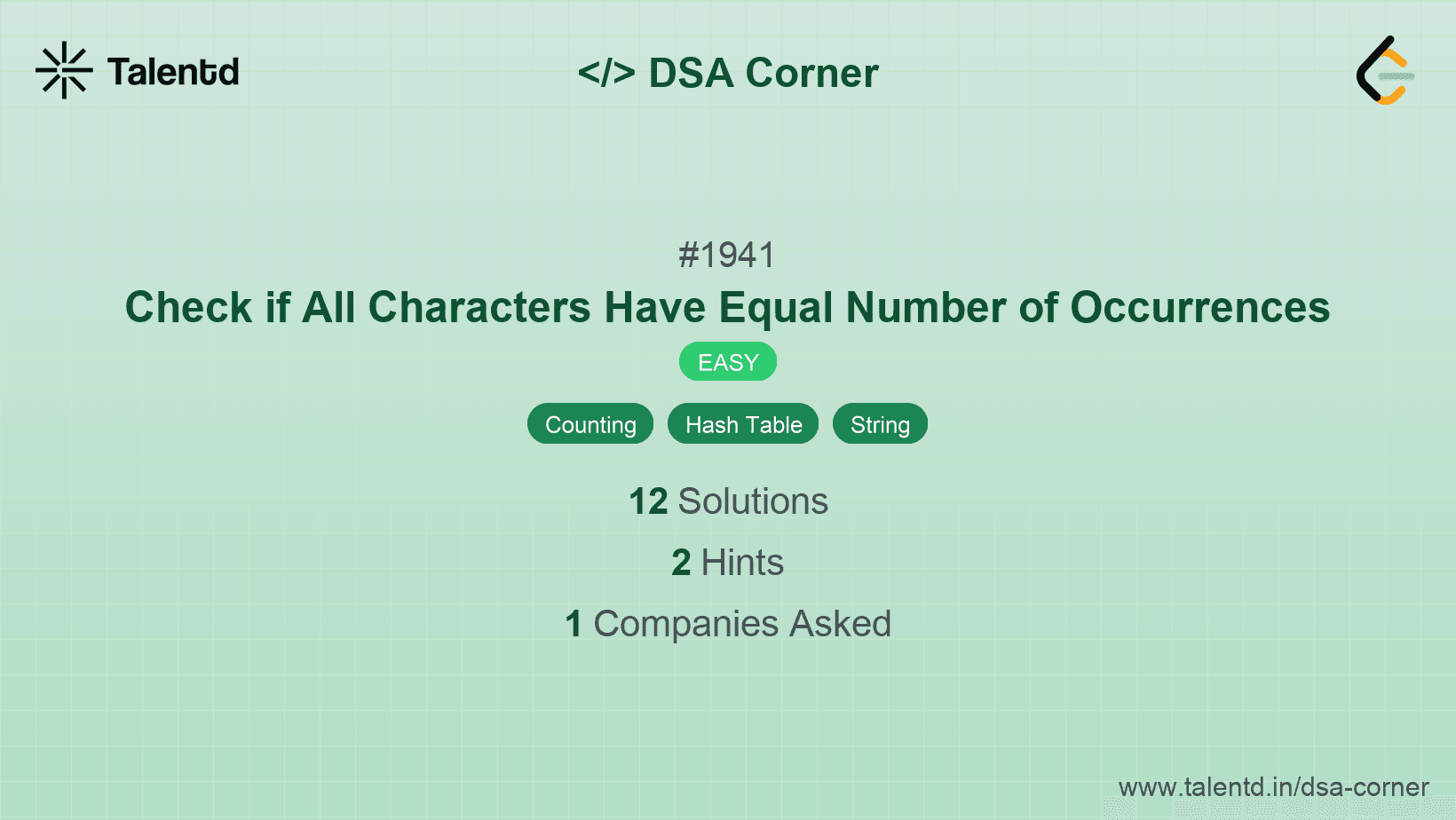 Problem visualization for Check if All Characters Have Equal Number of Occurrences