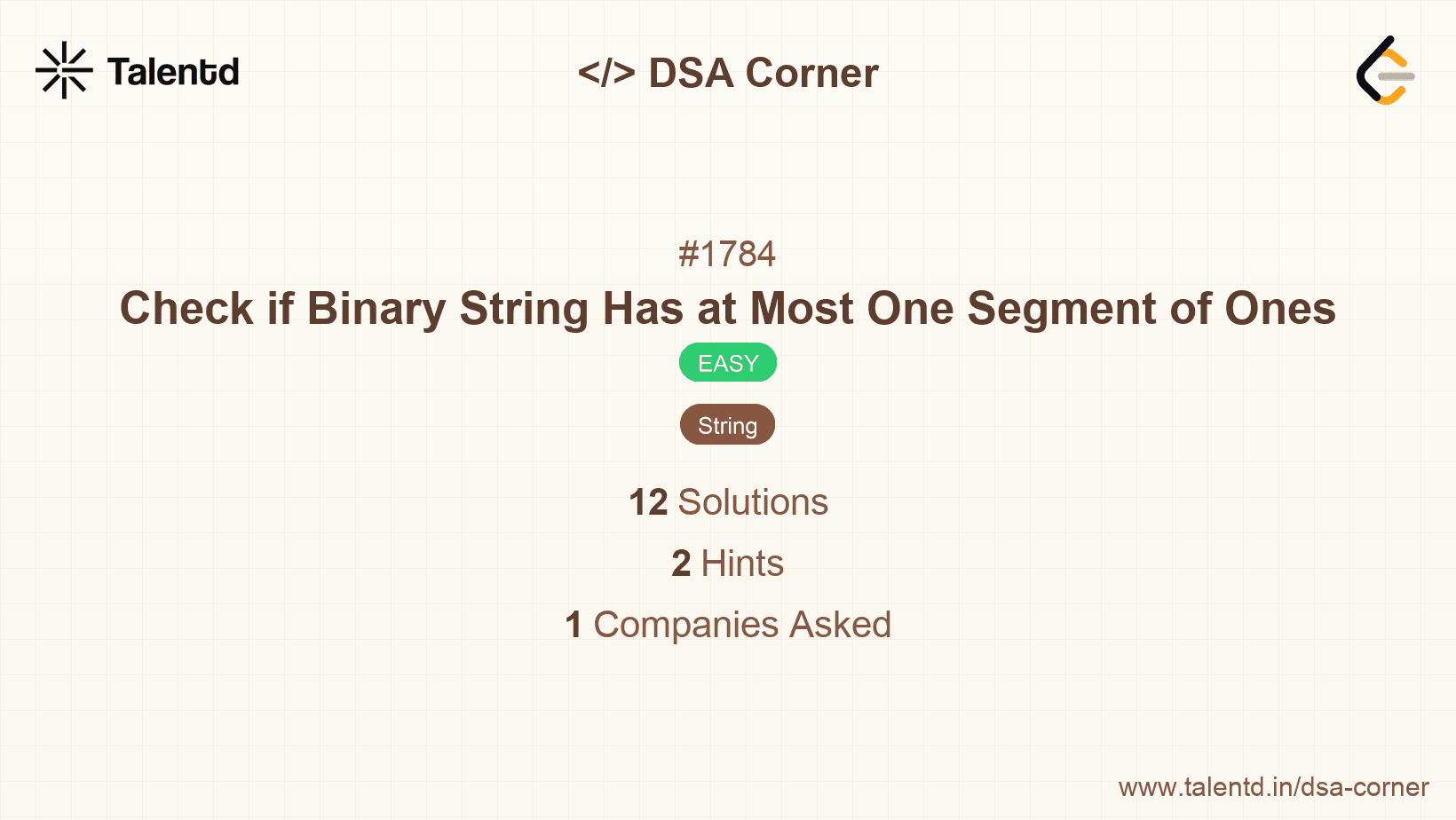 Problem visualization for Check if Binary String Has at Most One Segment of Ones
