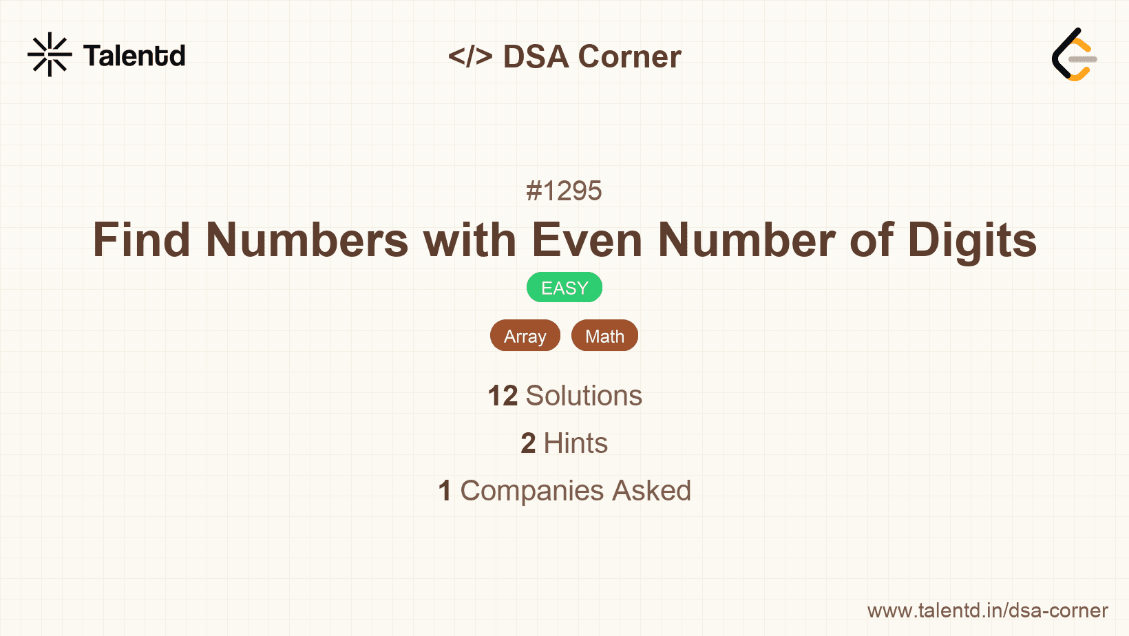 Problem visualization for Find Numbers with Even Number of Digits