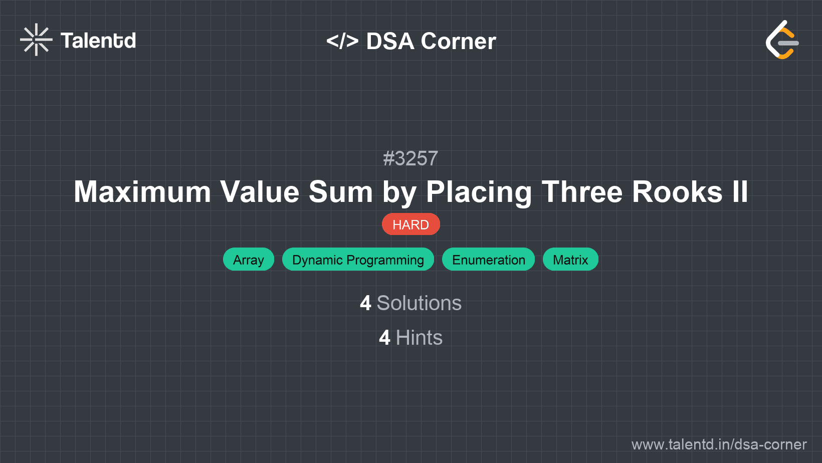 Problem visualization for Maximum Value Sum by Placing Three Rooks II