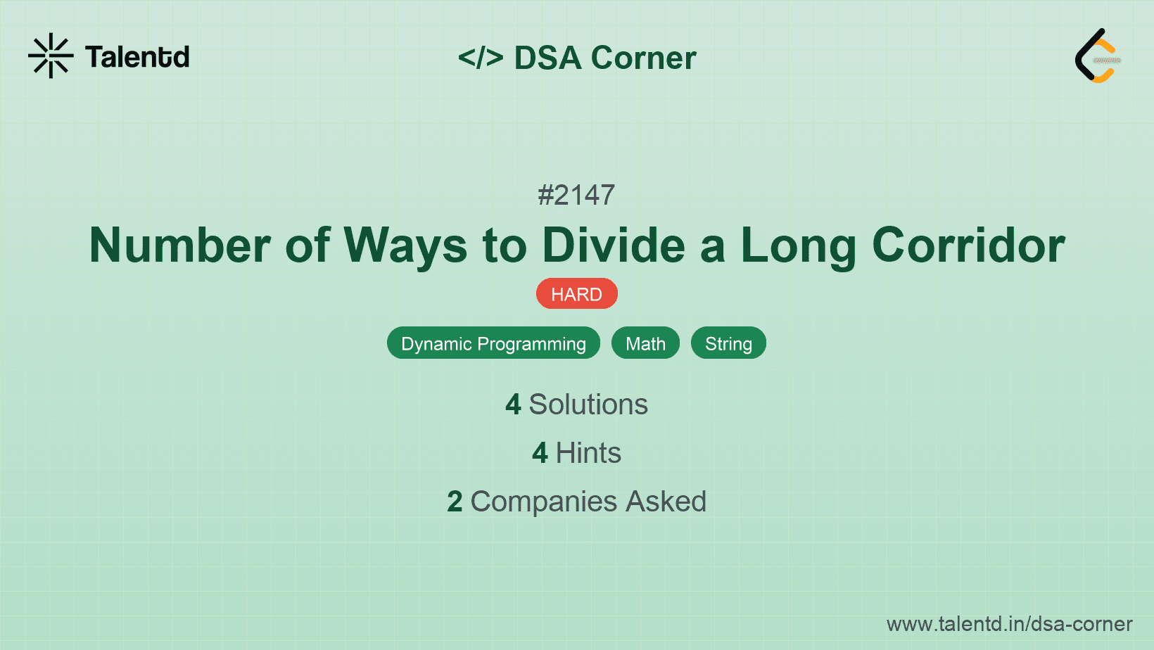 Problem visualization for Number of Ways to Divide a Long Corridor