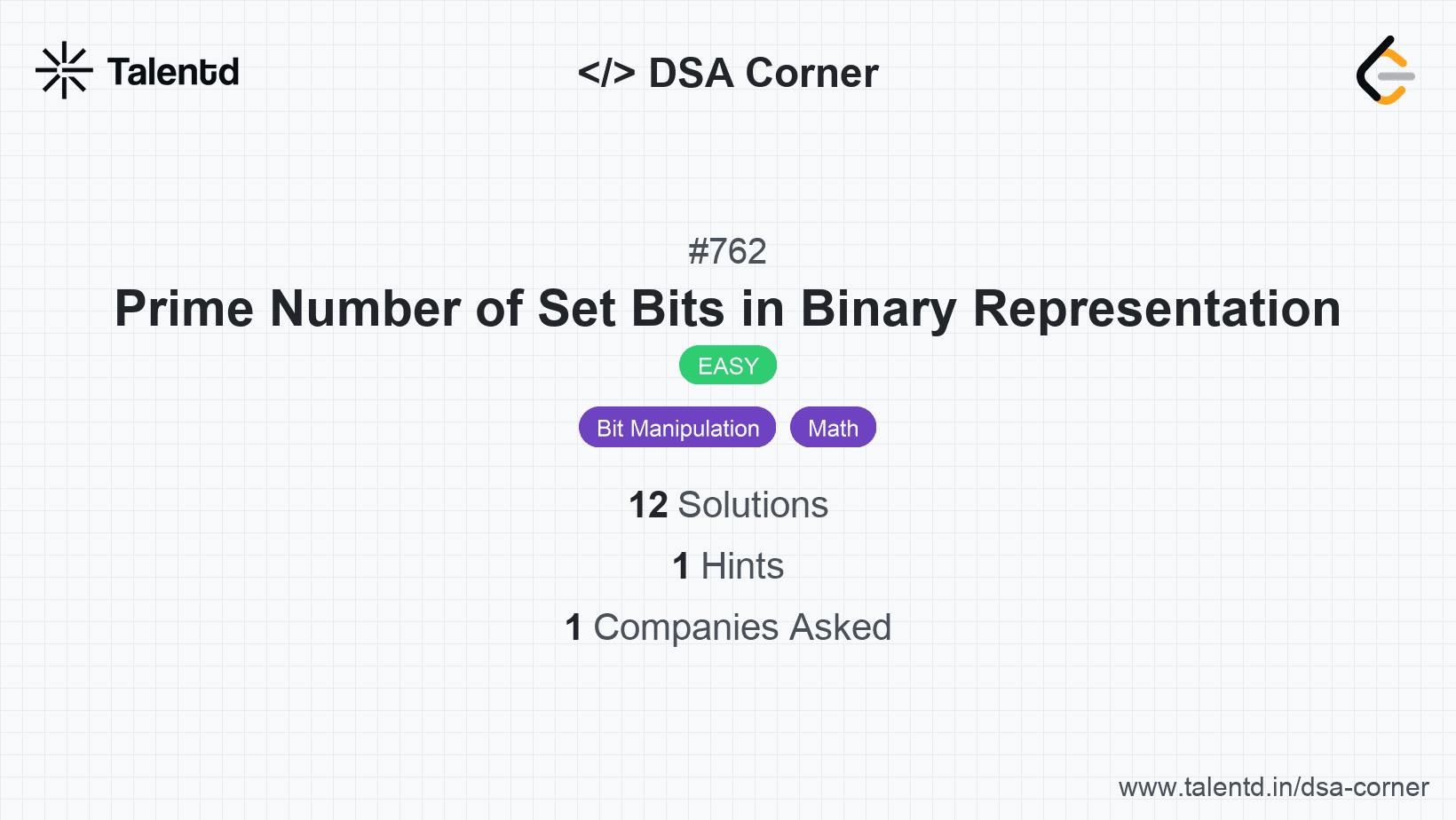 Problem visualization for Prime Number of Set Bits in Binary Representation