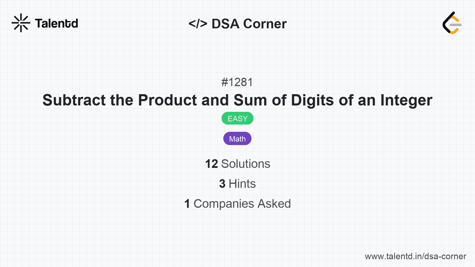 Problem visualization for Subtract the Product and Sum of Digits of an Integer