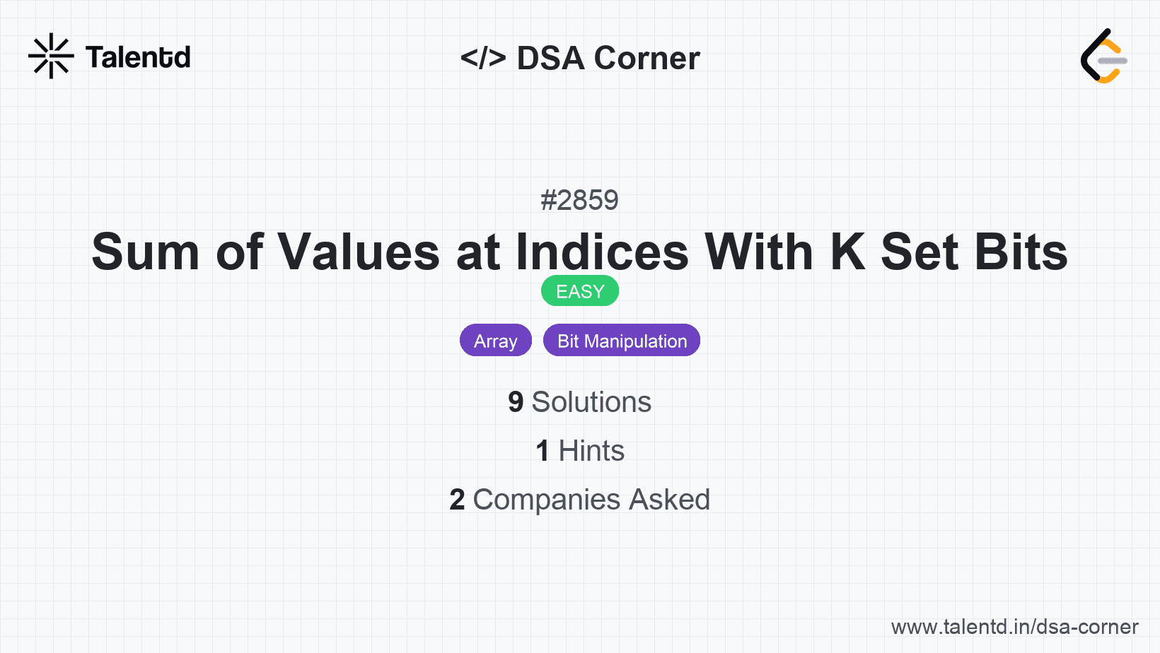 Problem visualization for Sum of Values at Indices With K Set Bits